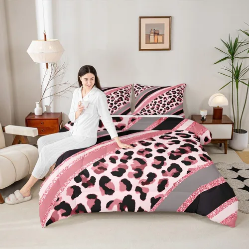 Vista 26 de Juego de edredón con estampado de leopardo para niños, tamaño individual, juego de ropa de cama de moda de piel de guepardo abstracto, decoración
