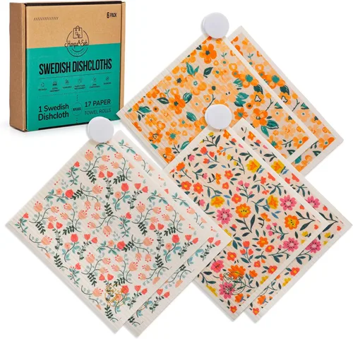 Vista 14 de Harps&Seb Paños de cocina suecos para cocina - Paquete de 6, toallas de papel reutilizables con clips, súper absorbentes, lavables, que no rayan