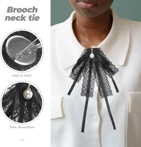 Vista 5 de KESYOO Broches de lazo para mujer, corbata de lazo de perlas de encaje negro, broche de perlas, lazo para el cuello, lazo de encaje para mujer