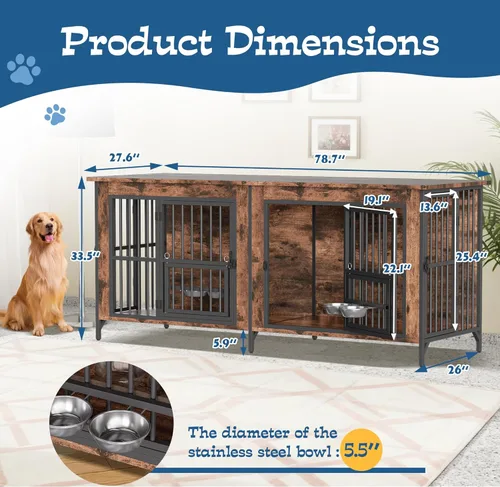 Vista 7 de Grepatio Mueble de jaula para perros de 79 pulgadas para 2 perros, perrera grande con cuencos giratorios de 360°, jaulas dobles para perros con 4
