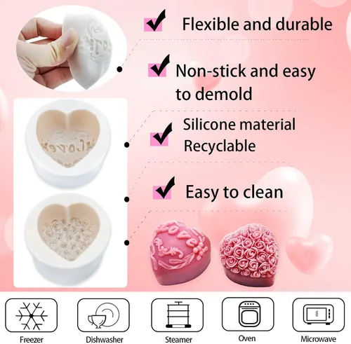 Vista 3 de 4 moldes de silicona para fondant para el día de San Valentín, en forma de corazón 3D con forma de corazón de flor de rosa de amor para Acción