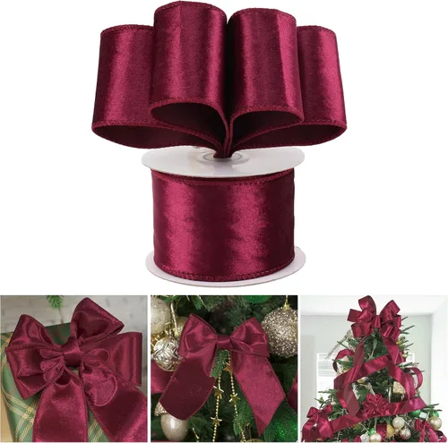 AIMUDI Cinta de Terciopelo Burdeos de 2.5 Pulgadas Cinta de Navidad Granate con Alambre para Envolver Regalos Árboles de Navidad Coronas Guirnaldas