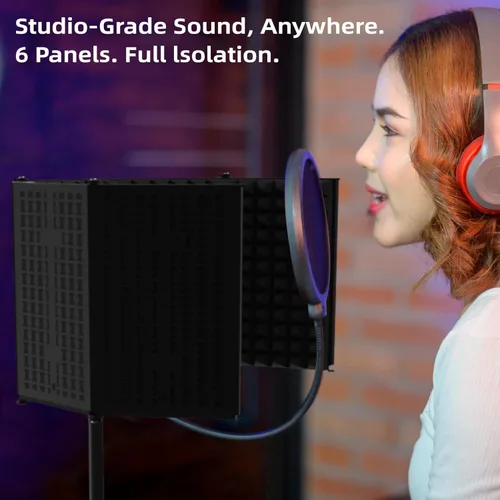 Vista 6 de Escudo aislante para micrófono – Panel insonorizado plegable y ajustable para grabación, podcast, cabina vocal, estudio y uso doméstico