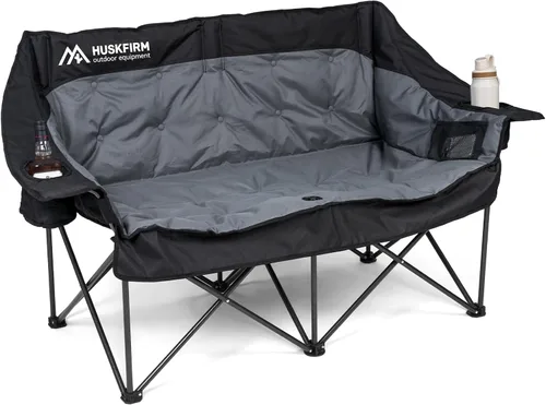 Silla de campamento doble acolchada de gran tamaño para adultos, sofá biplaza plegable con portavasos y bolsillos laterales, sillas de césped Negro
