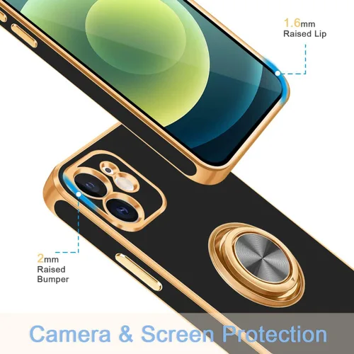 Vista 6 de Fingic Funda para iPhone 12 con Soporte de Anillo, [Soporte de Anillo Giratorio de 360° Magnético con Base] [Borde Dorado Brillante con Enchapado]