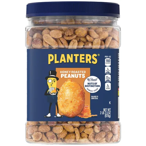 Planters - Maní tostado con miel, aperitivos dulces y salados, proteína vegetal, 34.5 onzas (2 tubos)