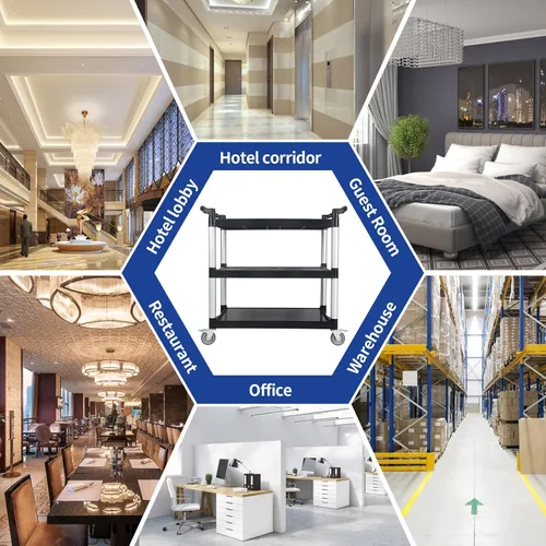 Vista 4 de UNICOO Carrito rodante de 3 niveles resistente, carrito de servicio con ruedas, capacidad de 550 libras, ruedas bloqueables y silenciosas