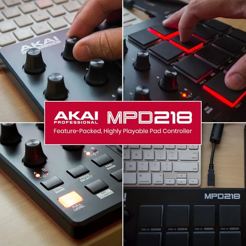Vista 6 de AKAI Professional MPD218 - Controlador MIDI alimentado por USB con 16 almohadillas de tambor MPC, 6 perillas asignables, botones de repetición