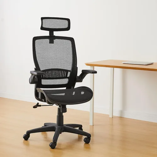 Vista 2 de Yaxa Basics Silla ergonómica de escritorio con respaldo alto, cómodos reposabrazos abatibles, asiento de malla contorneada, giratorio, negro, 25.5