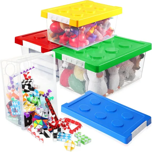 Vicenpal Paquete de 4 Contenedores de Almacenamiento de Juguetes con Tapas en Forma de Ladrillo Caja Organizadora de Juguetes de Plástico