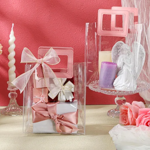 Vista 6 de Fulmoon 12 bolsas de regalo transparentes con asa y cinta transparente, bolsa de regalo de PVC transparente reutilizable para despedida de soltera