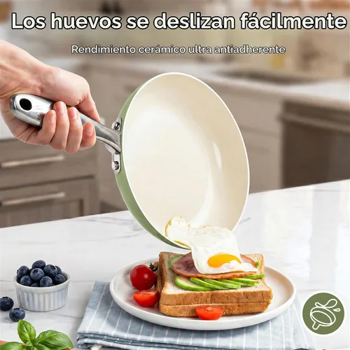 Vista 3 de MICHELANGELO Juego de ollas y sartenes antiadherentes de cerámica de 8 Verde