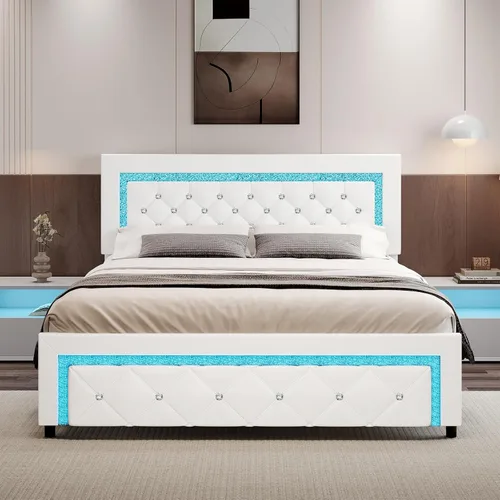 Vista 8 de BarnFurin Base de cama Queen con luces LED, plataforma tapizada con cabecera capitonada de diamante, no necesita somier, sin ruido, fácil montaje