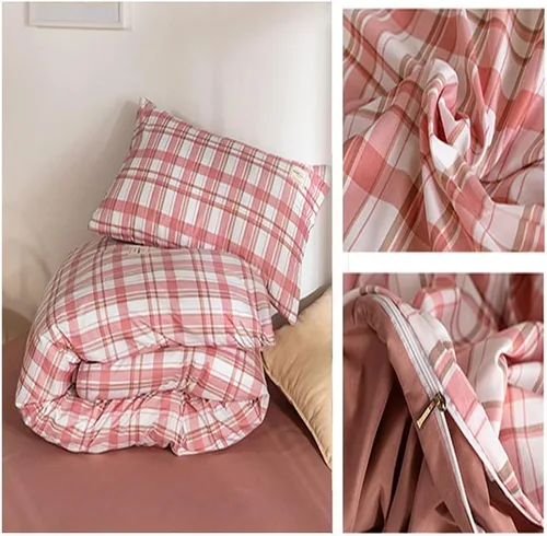 Vista 7 de YILPA Juego de funda de edredón de cuadros rosa tamaño Queen, juego de ropa de cama con edredones, fundas de almohada y fundas, gris oscuro