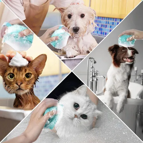 Vista 5 de HEALTHYPAWS Juego de 2 cepillos de aseo para perros Guante removedor de pelo de baño para mascotas con mango de anillo ajustable para cabello