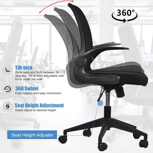 Vista 4 de IPKIG Foldable Office Chair - Home Office Desk Chairs with Wheels and Flip-Up Arms - Ergonomic Backrest Mesh Computer Chair Adjustable Swivel