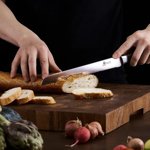 Vista 6 de KYOKU Cuchillo de pan de 10 pulgadas, serie Daimyo, cuchillo dentado con mango ergonómico de palisandro y pasador de mosaico, cortador de pan