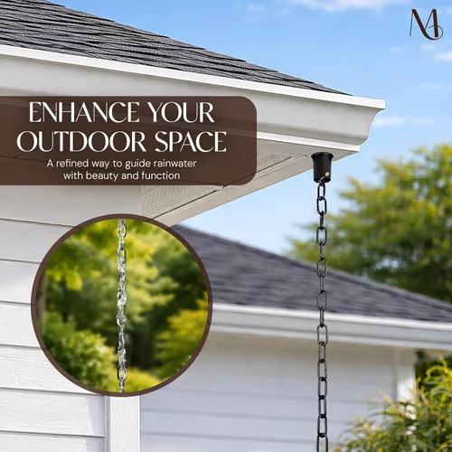 Vista 2 de Monarch Rain Chains Cadenas de lluvia negras de aluminio Trad Link para canaletas – Cadena de lluvia decorativa negra de 8.5 pies para exteriores