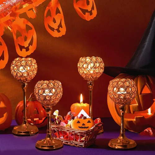 Vista 2 de VINCIGANT Juego de 2 portavelas de cristal dorado para chimenea, mesa auxiliar, decoración de bodas, hogar, Halloween, centros de mesa