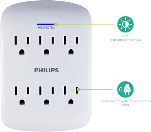 Vista 4 de Philips Protector contra sobretensiones extensor de 6 enchufes, adaptador de pared, 900 julios, 3 clavijas, diseño que ahorra espacio, luz LED