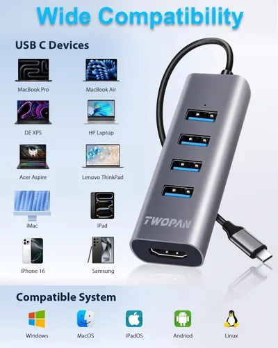 Vista 5 de Concentrador USB C 5 en 1 con HDMI 4K y 4 puertos USB 3.0, adaptador multipuerto para MacBook Pro/Air, iMac, iPad, XPS, Pixelbook, ThinkPad