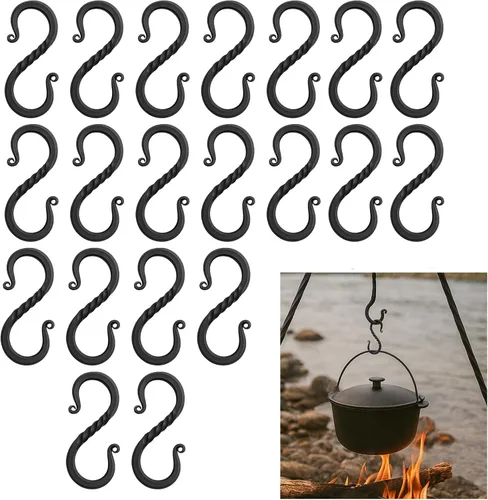 Lord of Battles Viking Iron S Shaped Hook Set Iron Hanging Cooking Stand Camping Accessory Hand Forged Black Finish Functional Accessory
