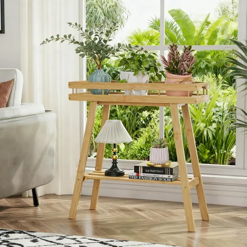 Vista 6 de BAMBANG Soporte de bambú para plantas de interior, mesa pequeña de 2 niveles, soporte alto para plantas de interior, estante para plantas
