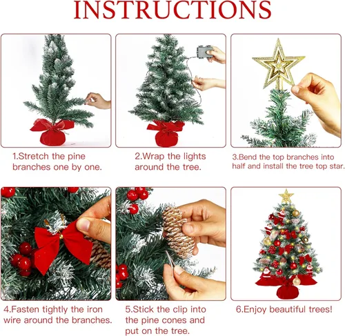 Vista 7 de Sggvecsy Mini Árbol de Navidad Esmerilado de Nieve de 23.6 pulgadas para Mesa, Árbol Artificial de Navidad Iluminado, Estrella para la Copa