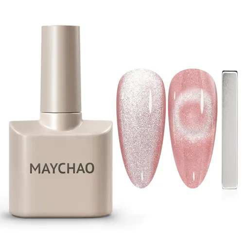 MAYCHAO Esmalte de uñas en gel de ojo de gato de 0.5 onzas líquidas, 1 esmalte de gel rosa gelatina con imán, esmalte de uñas magnético holográfico