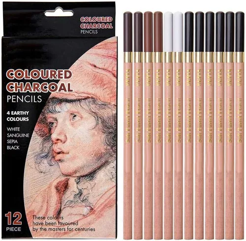 12 lápices de dibujo de 4 colores de madera, carbón, suministros de arte con caja de regalo para estudiantes de arte, principiantes, pintores