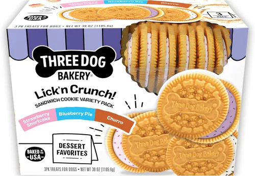 Vista 9 de Three Dog Bakery Lick'n Crunch Sandwich Cookies Premium, golosinas para perros sin sabores artificiales, algarrobo/mantequilla de maní