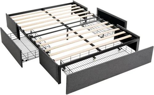 Vista 7 de KOMFOTT Base de cama de tamaño matrimonial con 3 cajones, plataforma tapizada de tela, base de colchón con soporte de listones de madera,