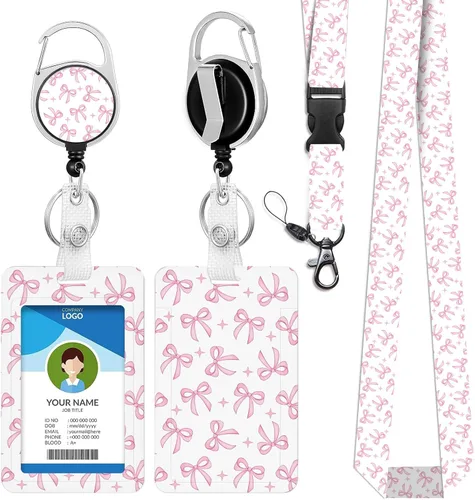 Vista 184 de Portatarjetas blanco con cordón para tarjetas de identificación, carrete retráctil negro con clip de mosquetón, tarjetero de identificación