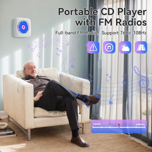 Vista 5 de Reproductor de CD portátil Bluetooth recargable: Reproductores de CD para el hogar con 1800mAh Kegaudio Reproductor de CD de escritorio de pared