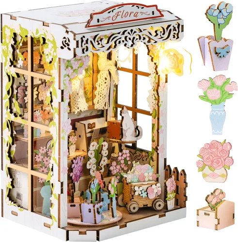 MOMIBOOK Kit de rincón de libro, 153 piezas, kit de casa de muñecas en miniatura para adultos, rompecabezas de madera 3D, decoración de estantería