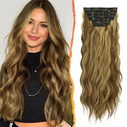 Vista 26 de BARSDAR Extensiones de cabello ondulado con clip de 20 pulgadas, 5 piezas de cabello sintético grueso y suave, extensiones de cabello con clip