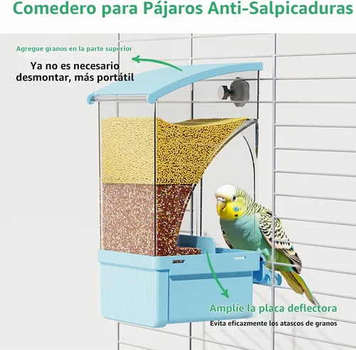 Vista 2 de Hamiledyi Comedero automático para pájaros sin ensuciar, contenedor de comida de semillas de loro acrílico transparente con jaula de perca azul