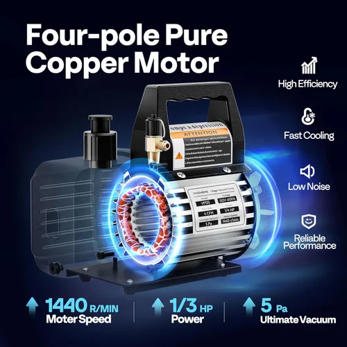 Vista 2 de VIVOHOME Bomba de vacío de HVAC de 1 etapa mejorada de 4CFM 1/3 HP y medidor de colector de CA de 4 vías con detector de fugas mangueras de 5 pies
