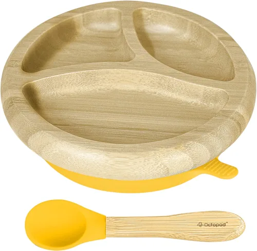 Vista 9 de Abiie Octopod - Plato de bambú para niños de 4 meses en adelante, platos para bebés de 3 compartimentos con succión, plato redondo de bambú