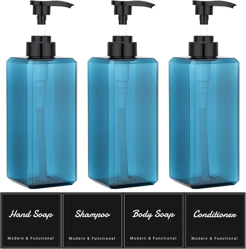 Vista 9 de Suream Dispensador de champú y acondicionador ámbar con bomba de plástico negro, botella de ducha recargable de 16.9 onzas para baño, recipiente