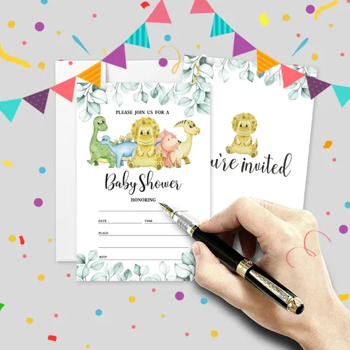 Vista 3 de Juego de 20 invitaciones para baby shower con sobres, dinosaurios de acuarela de bosque botánico, de doble cara, impresas, tarjetas de invitación
