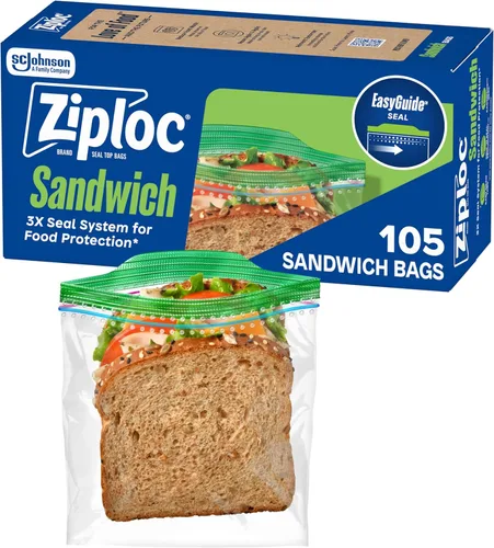 Ziploc - Bolsas para sándwiches y aperitivos, apertura y cierre fáciles, bolsas de plástico para almacenamiento de alimentos, 105 bolsas en total