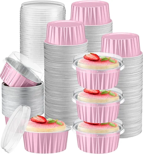 Vista 29 de Gejoy 400 tazas de papel de aluminio para hornear con tapas, moldes desechables de 5 onzas, mini moldes para tartas, moldes para magdalenas, moldes