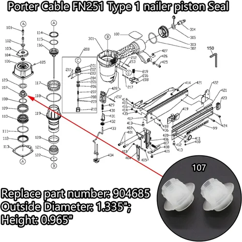 Vista 7 de 904685 Tope de parachoques de pistón para Porter Cable FN250B Tipo 1 FN251 Tipo 1 Sello de pistón clavadora para la válvula de cabeza (paquete de 2)