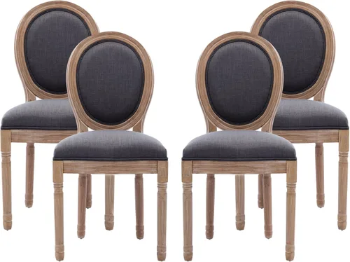 Vista 20 de Nrizc - Juego de 4 sillas de comedor de estilo francés rústico, sillas de tela de granja con respaldo redondo, silla de comedor de ratán, sillas