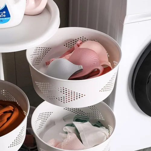 Vista 6 de Estante de almacenamiento giratorio redondo de 5 niveles, con 5 ruedas bloqueables, cesta de almacenamiento de frutas y verduras, cesta de cocina