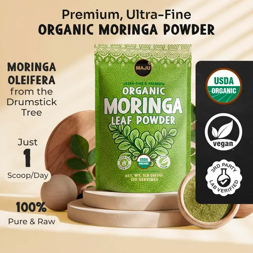 Vista 2 de MAJU - Polvo de moringa orgánico (1 libra), hoja de oleífera, calidad extrafina, hojas de árbol de baquetas secas, para té, batidos, grado