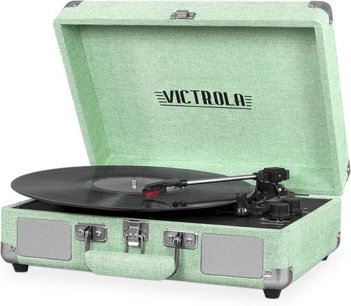 Vista 12 de Victrola Journey - Tocadiscos portátil de maleta con Bluetooth, con altavoces integrados, reproductor de discos de vinilo de 3 velocidades, salida