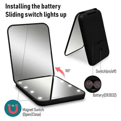 Vista 6 de Espejo compacto, espejo de bolsillo LED con aumento 1x/3x, pequeño espejo de maquillaje de viaje iluminado para bolso, bolso, plegable, de mano