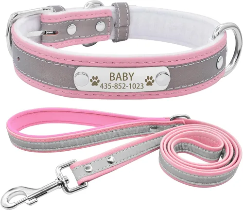Vista 7 de Collar de perro de cuero reflectante personalizado con forro cálido, collar de perro personalizado con placa de nombre grabada para perros y gatos